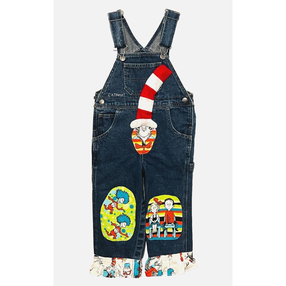 Sprockets Custom Patchwork Overalls Cat in the Hat Dr Seuss Size 3T Toddler NEW